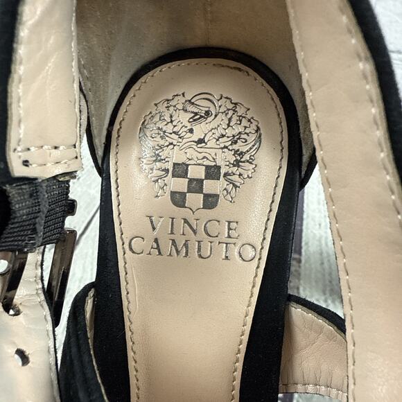 Vince Camuto‎ Sandals Womens 7.5 Black Suede Heeled Cross Strap Open Toe Shayla - Picture 6 of 9